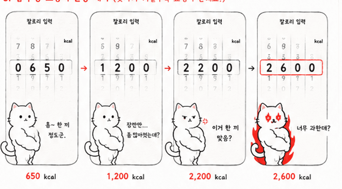 650, 1200, 2200, 2600칼로리에 따라 표정이 변하는 고양이 앱 화면
